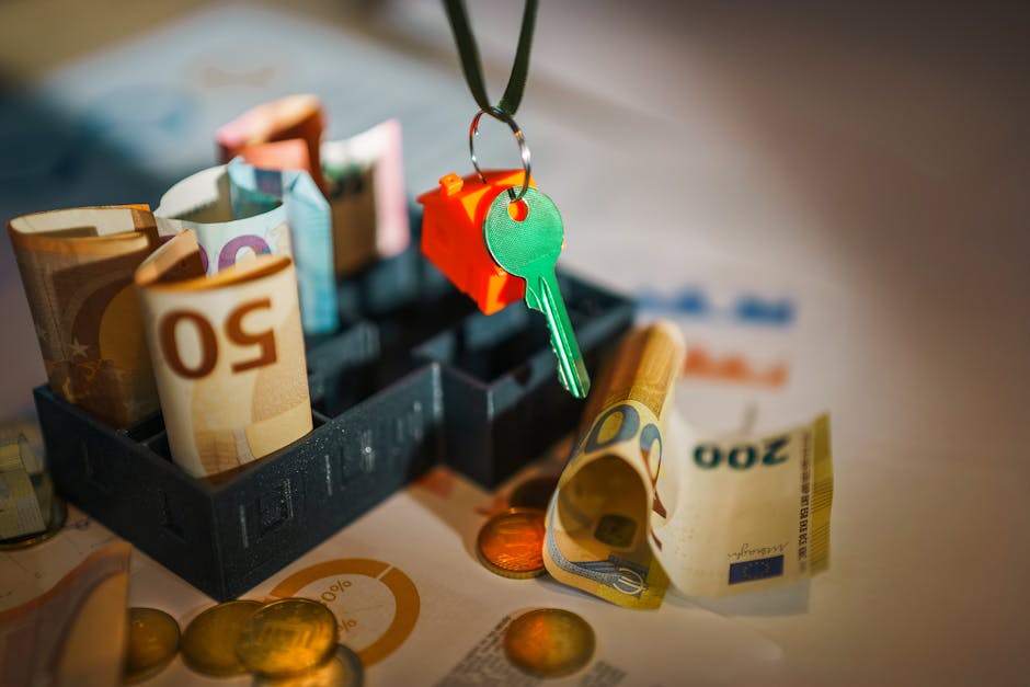 Klucze w kształcie domku zawieszone na zielonym breloczku obok gotówki w euro, w tym banknotów o nominałach 50 i 200 euro oraz monet, na tle ciemnego pojemnika.