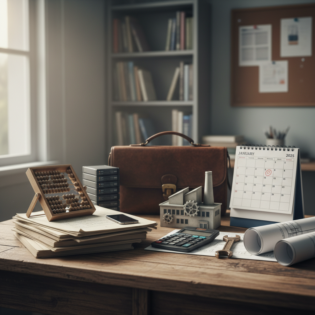 Stolik biurowy z teczką, kalkulatorem, kalendarzem na 2025 rok, abakiem, rolkami papieru oraz modelkiem budynku, w tle półki z książkami.