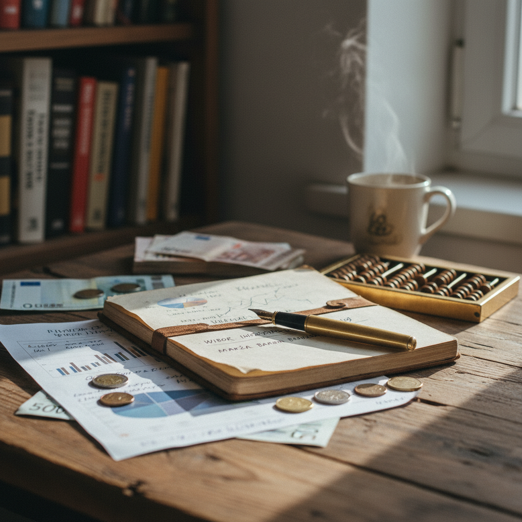 cover-277056 Stół z notatnikiem, długopisem, wykresami i monetami, obok filiżanka z parującą kawą oraz liczydło, w tle regał z książkami. Idealne do pracy nad finansami lub analizą danych.