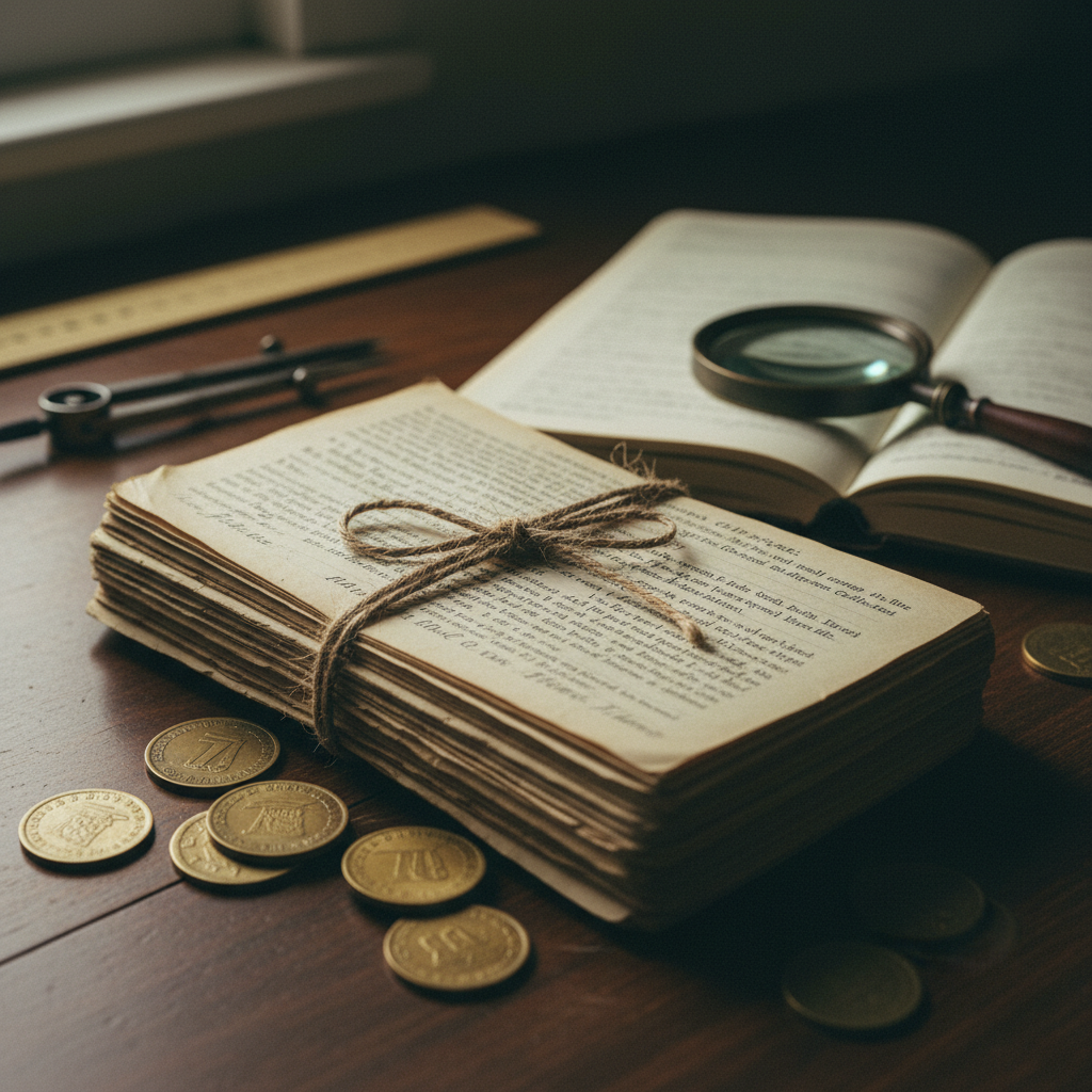 cover-277059 Stosik starych książek związanych sznurkiem na drewnianym biurku, obok leżące monety i lupa, tworzące atmosferę literackiego badania.