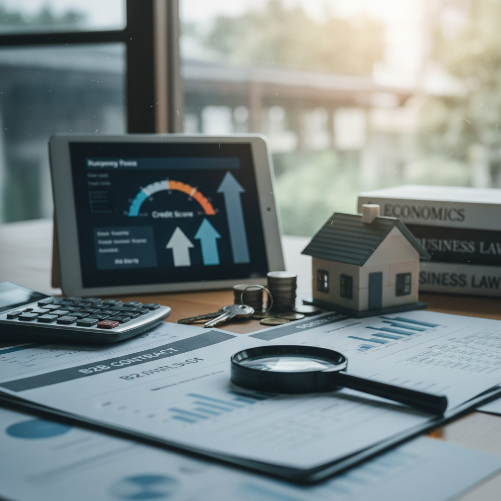 Zestaw narzędzi do analizy finansowej: tablet z wykresami, kalkulator, dokumenty dotyczące umowy B2B, klucze, monety oraz model domu na biurku.