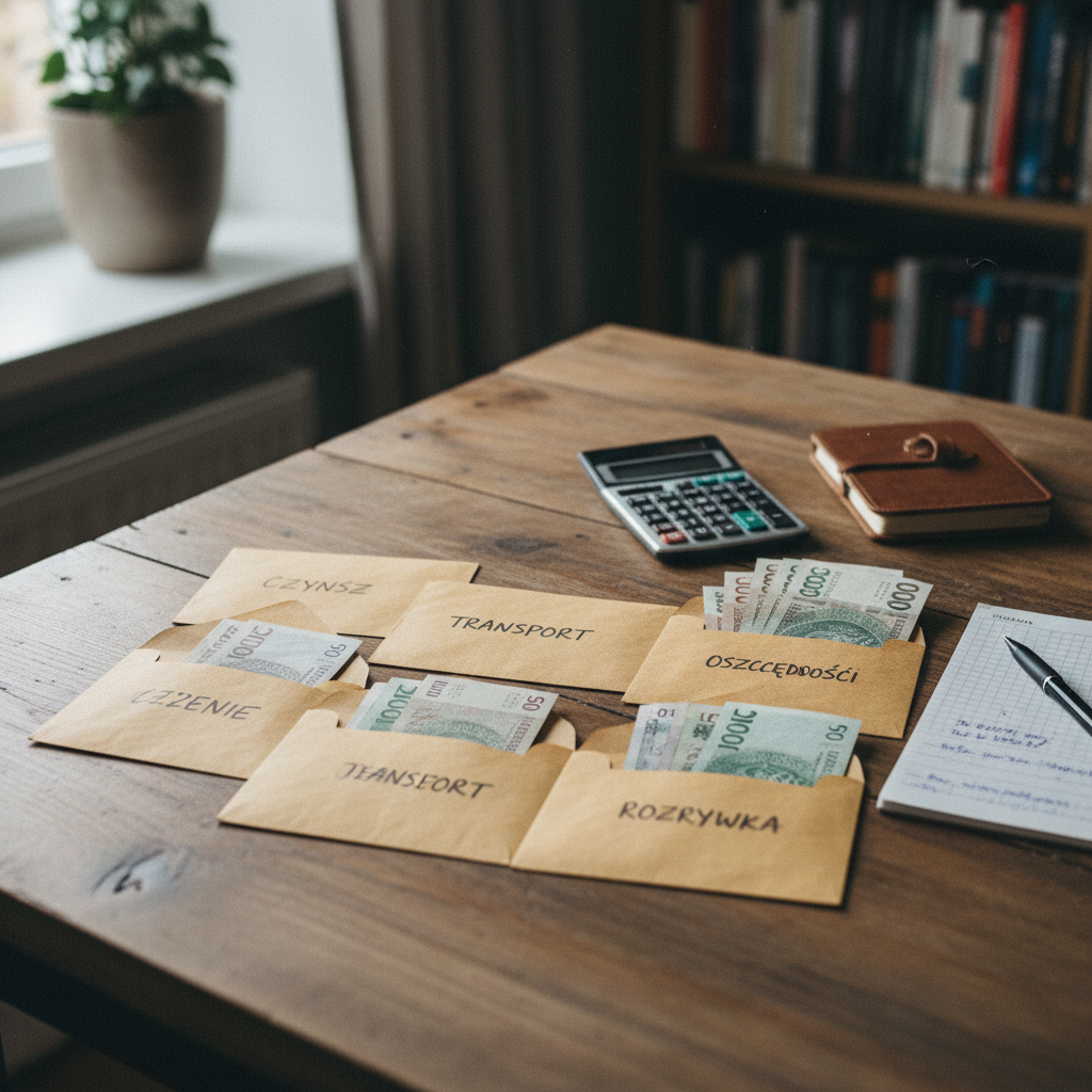 Stół z kopertami oznaczonymi jako "Czynsz", "Transport", "Oszczędności", "Jedzenie", "Rozrywka" oraz "Transport", obok leży kalkulator i notes. W kopertach znajdują się banknoty.