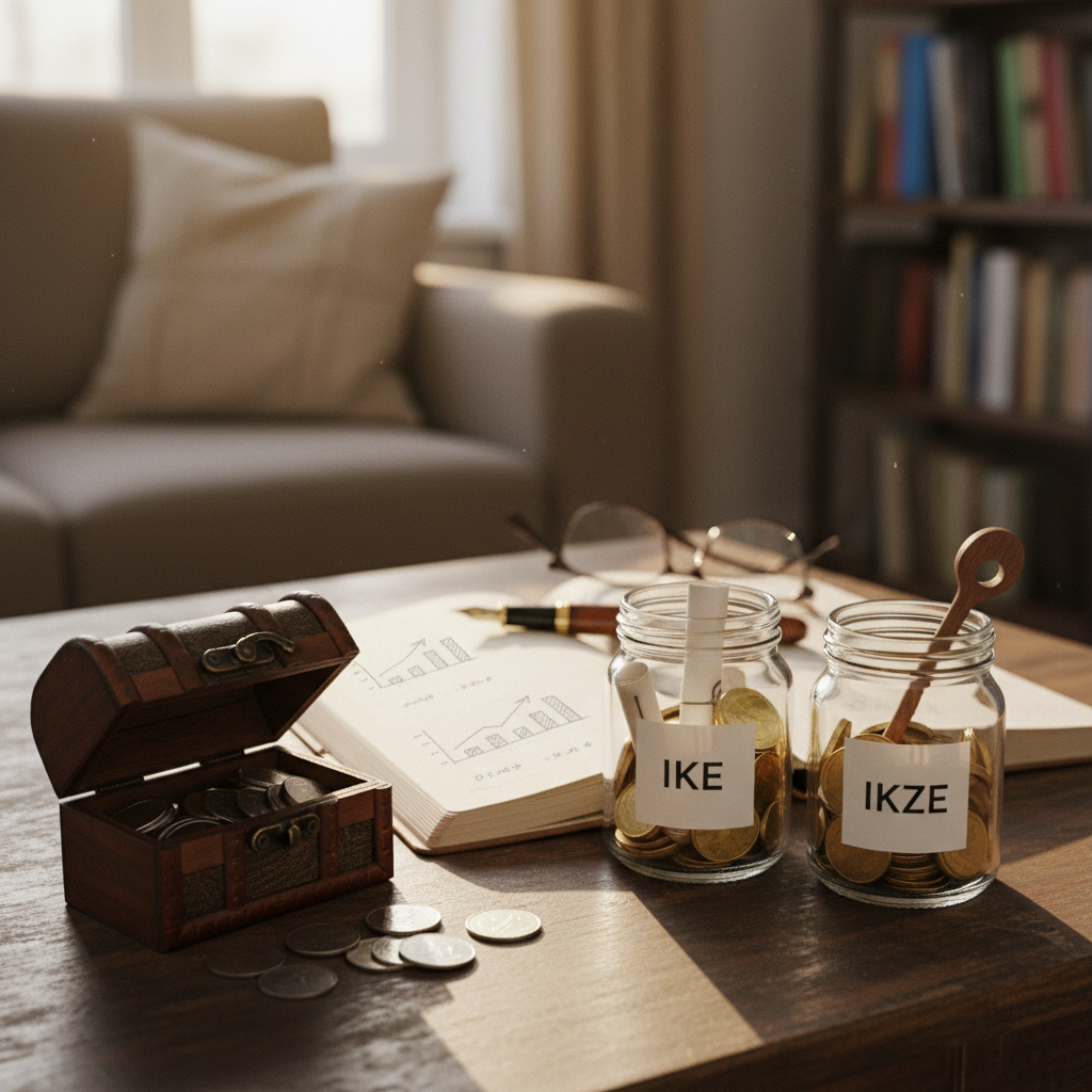 cover-277075 Zdjęcie przedstawia stół z dwoma słoikami oznaczonymi jako IKE i IKZE, wypełnionymi monetami oraz dokumentami finansowymi. W tle widać wygodną kanapę i regał z książkami. Na stole leży także notatnik, okulary oraz pióro.