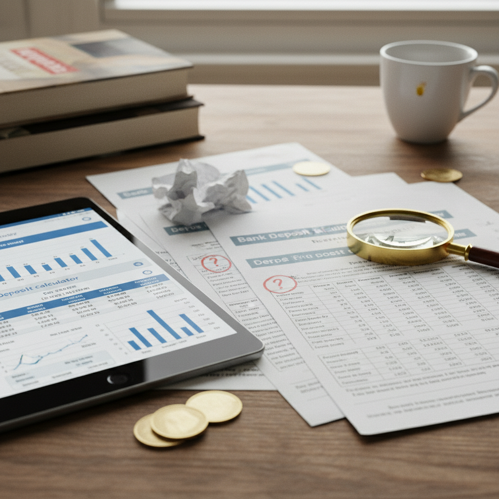 Stół z dokumentami finansowymi, kalkulatorem depozytów bankowych na tablecie, magnifierem i filiżanką kawy. W tle widać książki oraz kilka monet.