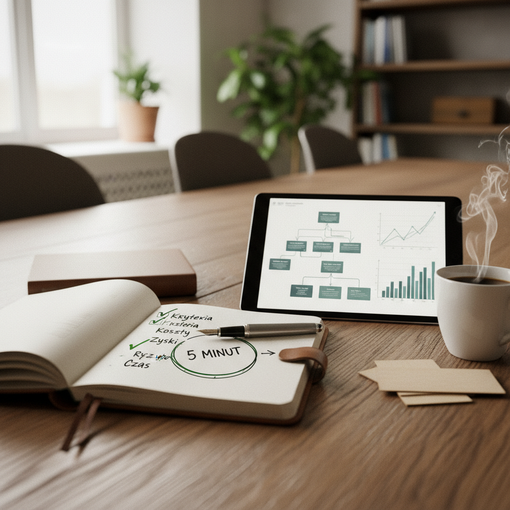Stół roboczy z notatnikiem, tabletem i filiżanką kawy. Na notatniku widoczne zapiski dotyczące kryteriów oceny kosztów, zysków oraz ryzyk. Tablet wyświetla wykresy i diagramy analityczne. W tle rośliny doniczkowe.