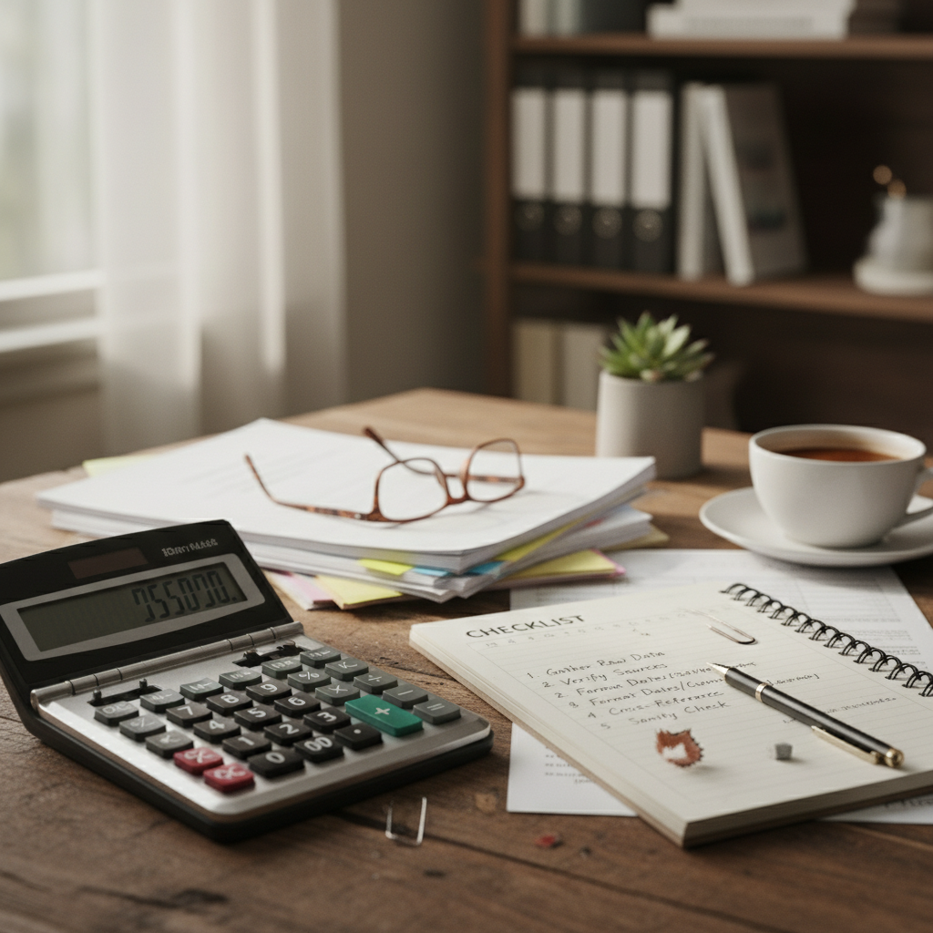 Stół roboczy z kalkulatorem, notatnikiem z checklistą, filiżanką kawy oraz okularami. W tle widoczne są dokumenty oraz roślina doniczkowa, co tworzy przytulną atmosferę do pracy.